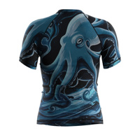 Chemises de surf Rash pour hommes, manches courtes raglan, coupe compressive, tissu anti-UV, pour la natation et la voile, imprimé pieuvre bleue