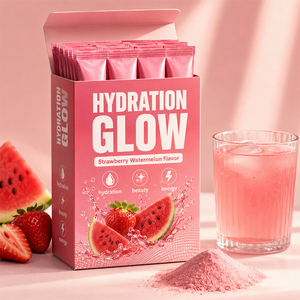 Poudre d'électrolytes hydratante OEM Fraise Pastèque au <span class=keywords><strong>collagène</strong></span>, <span class=keywords><strong>acide</strong></span> <span class=keywords><strong>hyaluronique</strong></span> et vitamine C pour une peau éclatante – Sachets de boisson beauté - Product Image 1