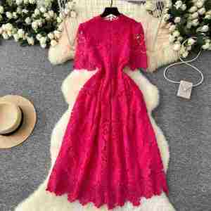 Vestido Midi de Primavera Vintage con Encaje y Tejido Sólido, Corte A, para Mujer, Casual, Ecológico, Transpirable, Lavable, Antiarrugas, Estilo Imperio - Product Image 4