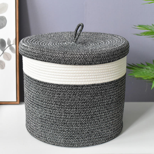 Grand panier à <span class=keywords><strong>linge</strong></span> en <span class=keywords><strong>corde</strong></span> de coton avec couvercle, bac de rangement tressé gris et blanc, organisateur de jouets, panier à <span class=keywords><strong>linge</strong></span>, boîte de rangement pour chambre d'enfant - Product Image 5