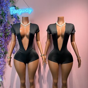 2026 Nuovo Sexy Tuta Intera da Donna con Maniche Corte, Scollo a V Profondo, Tinta Unita, Arricciata, Aderente - Product Image 1