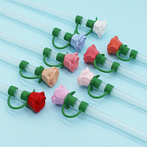 Fundas de silicona creativas de 10 mm para pajitas, a prueba de polvo, con diseño de dibujos animados y accesorios de bar con tapa de rosa en relieve. - Product Image 2