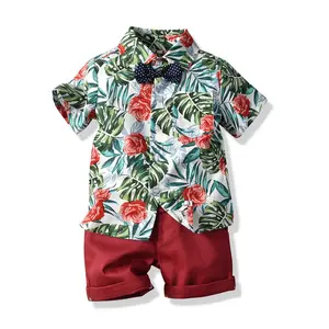 新款婴儿男孩花式花印花衬衫与固体短裤套装