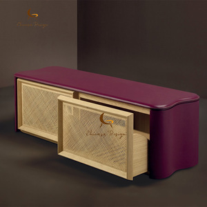 Curved Burgundy Leather Wrapped TV Stand Natural Rattan Mesh Drawer Panels <b>Storage</b> Compartments Household <b>Bedroom</b> Tv <b>Cabinet</b> - Product Image 1
