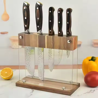 Nouvel arrivage de cinq fentes organisateur de stockage de couteaux de cuisine en bois d'acacia et bloc acrylique avec sacs à roulettes pour couteaux