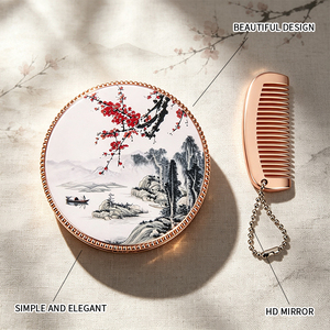<span class=keywords><strong>KZ</strong></span> HZJ2607064 Miroir de poche pliable en argent de style chinois ancien, double face, avec petit peigne et motif paysage à l'encre - Product Image 3