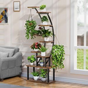 Multi Layer Floor Standing <b>Plant</b> Rack Black Frame With Brown Wood Planks For Living Room Balcony Indoor Outdoor Use - Product Image 1
