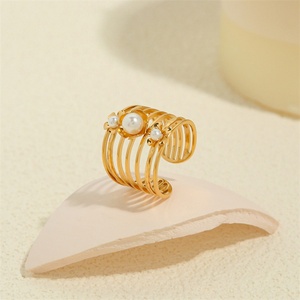 Dainty Cuff Hollow Unique Engagement Finger <b>Rings</b> 18k Gold Plated Stainless Steel Adjustable Gold <b>Chunky</b> Pearl <b>Rings</b> - Product Image 4