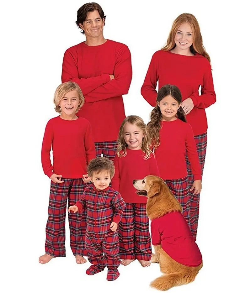 Jersey rojo a la moda para Navidad, pantalones a cuadros, traje inferior para mujer, ropa para bebé, mamá y yo, Conjunto de pijama, trajes familiares a juego