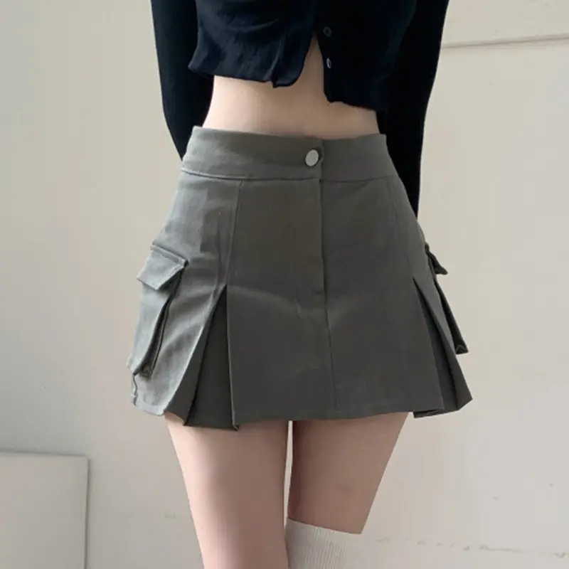 Minirock Goth Denim Falten röcke mit großen Taschen Frauen Mädchen Sommer Punk Y2K Faldas Hohe Taille Koreanische Mode