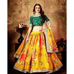Conjunto de Lehenga con Estampado Floral Amarillo, Dupatta de Organza, Lentejuelas Bordadas, Traje de Novia para Mujer - Product Image 1