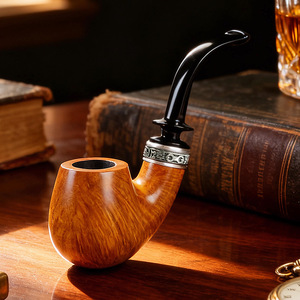 Muxiang Briar Wood Smoking Pipe Bent Type With Silver Ring For Men - Product Image 3