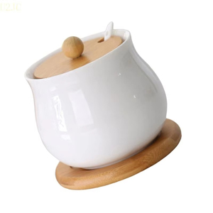 Botes de cilindro de cerámica de cocina con estilo hecho a mano U2JC con tapas de bambú tarro de almacenamiento de especias - Product Image 3