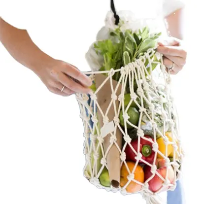 Reusable Grocery Mesh Bags Organic Paper String Shopping Bags Produce Net Bags with Long Handle for Fruit Vegetable Storage