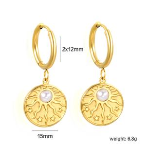 Pendientes de moda de oro de 18 quilates con moneda y piedra natural, aretes colgantes de acero inoxidable que no se deslustran, con diseño de sol, ideales para regalo. - Product Image 3