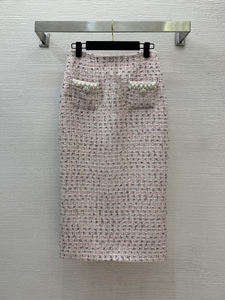 AELESEEN مصمم أزياء الصيف طقم توييد المرأة مزاجية التخسيس بالخرز معطف اللؤلؤ + تنورة ميدي طقم من قطعتين - Product Image 6