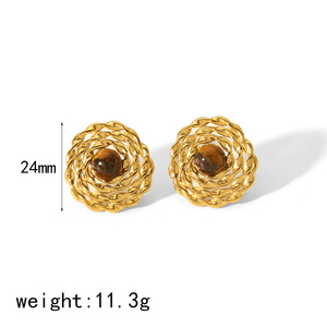 Pendientes de ojo de tigre en tono dorado, redondos, ovalados, con forma de flor, diseño geométrico, engaste de bisel, para mujer, joyería de moda - Product Image 4