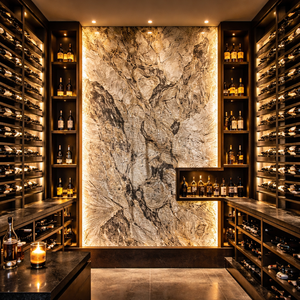 Lámina de Chapa de Piedra Natural Translúcida Marrón TB2 de Flatstone Designs, Acabado Retroiluminado Suave para Paredes Interiores Modernas - Product Image 1