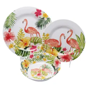 Toptan güzel Flamingo tropikal desen tasarım tabak kase sofra takımı setleri melamin 12 adet yemek takımı yemek takımı