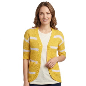 Women's 100% Cotton Intarsia Print Medium Length Formal V-neck Single Button Closure Anti-Pilling Quick Dry <b>Cardigan</b> OEM Spring - Product Image 1