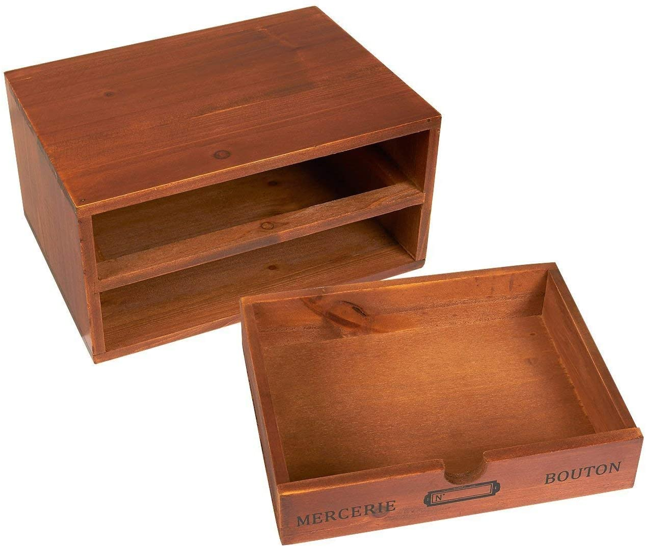 Custom Small Wood Desktop Organizer Storage Box 2 Tiers Wooden Drawer Box for Office or Home