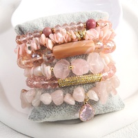 Bijoux roses pour filles mignonnes de la Saint-Valentin 6pcs bohème Quartz rose pierre naturelle coquille de verre perlée élastique drapeau américain ensemble de bracelets