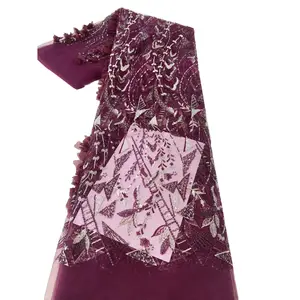 उच्च श्रेणी की पोशाक के लिए शिफॉन एप्लिक फूल भारी मोतियों की कढ़ाई वाली ज्यामिति डिजाइन