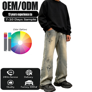 Jeans vintage épais pour homme, style streetwear américain, avec patchs croisés et coupe large - Product Image 1