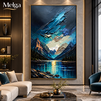 Grande peinture murale abstraite de montagne et de lac, peinture à l'huile sur toile bleu marine et or, coucher de soleil, pour la décoration murale du salon ou de l'hôtel
