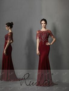 Ruolai PEV-L3138 Abito da Sera di Lusso con Maniche a Sbuffo e Frange, Stile <span class=keywords><strong>Sirena</strong></span> in Crepe per Feste e Cerimonie - Product Image 2