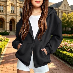 Sudadera con capucha de forro polar para niñas, con cremallera, bolsillos, suave, holgada, de manga larga, corte regular, anti-bolitas, unisex, para niños - Product Image 3