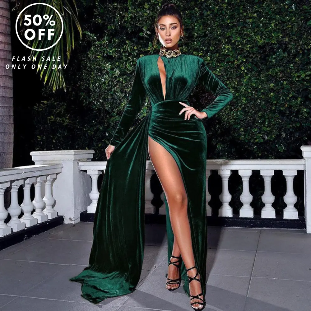New Sexy Vintage Long Sash Wildleder Green Cutout High Slit Samt kleid Winterkleid Hepburn Style Frauen Party Long Evening Dress