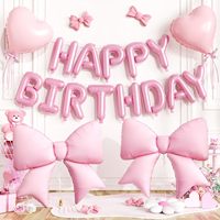 Kit de ballons en aluminium « Joyeux Anniversaire » avec grand nœud, étoiles et cœurs – Décorations pour fête d'anniversaire de filles