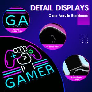 Gamer Neon <b>Sign</b> Rectangular LED Light Pink Blue White USB Powered Wall Decor for Gaming Room Bedroom Office Easy Installation - Product Image 2