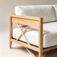Canapé d'angle en forme de L Japandi en bois de chêne naturel avec coussins en tissu blanc amovibles, écologique et minimaliste, pour 2 personnes, idéal pour le salon