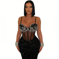 Robe de soirée sirène à sequins, élégante, ajustée, avec bretelles, strass et dentelle transparente, idéale pour les anniversaires et les bals de promo