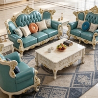 Ensemble de canapés en bois massif sculpté de style classique européen, cuir véritable turquoise, salon, villa, meubles de maison