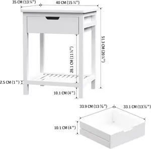 Meja malam, meja samping tempat tidur dengan laci, Meja ujung persegi, Meja samping bambu untuk kamar tidur, ruang tamu, dudukan malam Modern putih