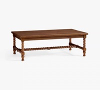 Table basse rectangulaire vintage en noyer avec pieds spirale sculptés, style rustique américain, pour salon ou villa