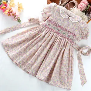 Robes smockées pour filles, motif floral, en coton, faites à la main, pour enfant, vêtements à la mode, nouvelle collection, vente en gros,