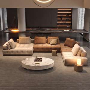 طقم أريكة لورانس الإيطالي بتصميم بسيط من الجلد مع قماش مصقول، أريكة متعددة الاستخدامات لغرفة المعيشة - Product Image 2