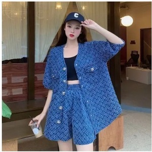 Women's Blue Two Piece Set Three Quarter Sleeve Oxford Fabric Casual <b>Suit</b> With <b>Buttons</b> Plus Size Summer Fashion - Product Image 3