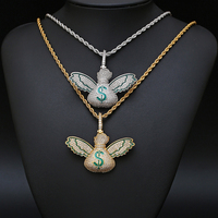 Pendentif en cuivre plaqué or 18 carats avec zircon Money Bag Wing Design Christian Hip-hop Style