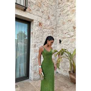 Vestido de Gala Verde con Tiras, Brillante, con Pedrería, Corte Imperio, Silueta en A, con Abertura, Talla XL, Largo hasta el Suelo, para Fiesta de Graduación - Product Image 4