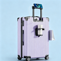 Valise de voyage rigide en gros, valise à roulettes en alliage d'aluminium multicolore avec port USB intégré, porte-gobelet