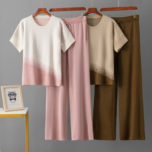 Summer Gradient Knitted Two Piece Set Women Clothing Casual Sports Short Sleeve T-shirt Pants Coords One Set - Product Image 1