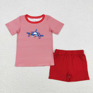 Ready To Ship Baby Boy Outfit Airplane Embroidery Red Striped Short Sleeve Zipper Romper - Product Image 3