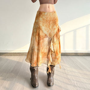 Abstract Tie Dye Mesh Midi <b>Skirt</b> Women <b>Low</b> <b>Waist</b> A Line Ruffle Irregular Hem Casual Street Style Fashion <b>Skirt</b> - Product Image 5