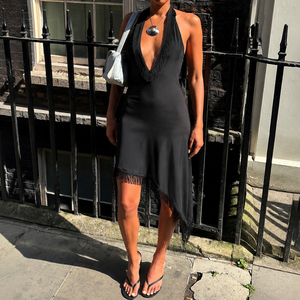 Women <b>Black</b> Halter Deep V Neck Fringe Dress Asymmetrical Hem Sleeveless Backless Slim Fit Sexy Party Club <b>Mini</b> Dress - Product Image 3