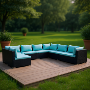 Set da giardino in rattan nero e blu acqua, mobili da esterno con 10 posti a sedere, design contemporaneo - Product Image 2